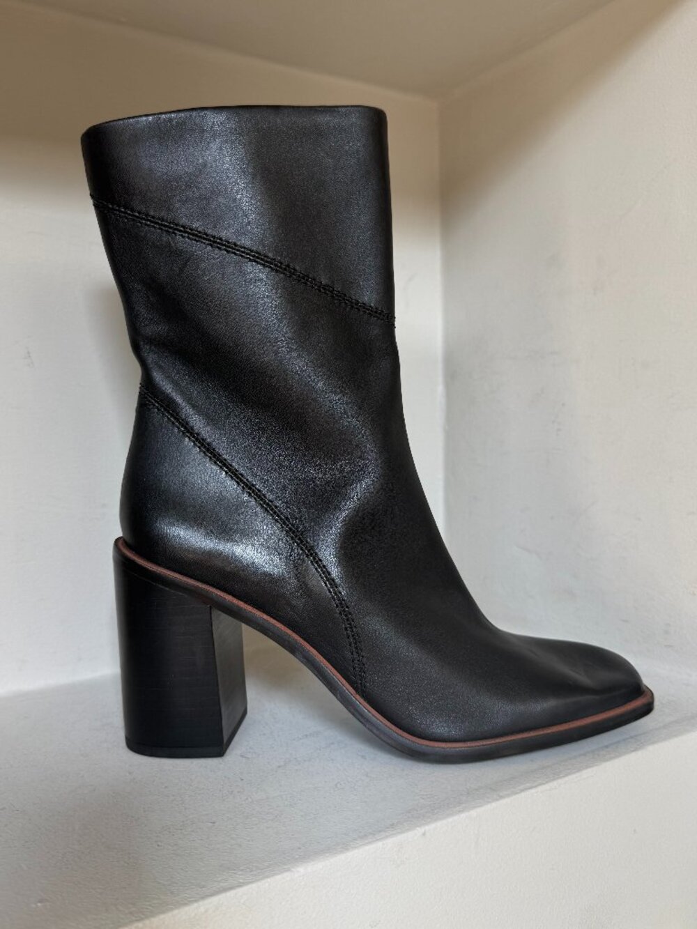 New Franco Sarto Stevie Black Leather Square Toe Chunky Block Heel Boots 8.5 Y2K